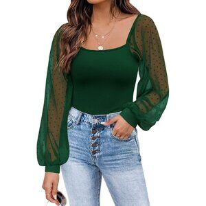 Women's Dark Green Mesh Long Sleeve Shirts Casual Pull On Blouses Tops